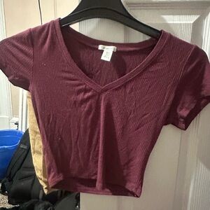 Maroon V-Neck Ribbed Women's Top